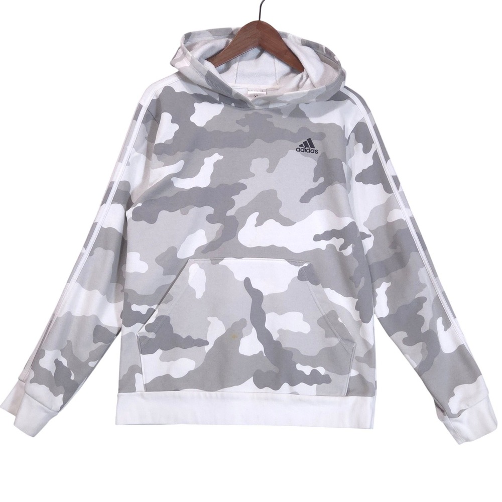 Adidas Camo Hoodie Youth XL 18/20 Grey White Fleece 3 Stripe Pullover Sweatshirt